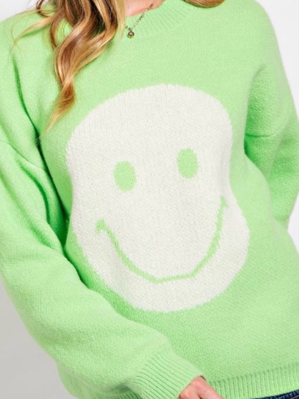 easel Light Green Crewneck Sweater with White Smiley Face